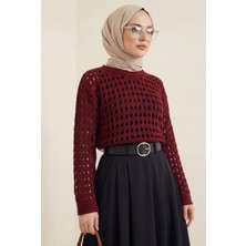 Moda Morfo Kayık Yaka Ajurlu Triko Kazak -Bordo