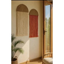 Ikıli Bambu Makrome Duvar Dekorasyonu El Yapımı Bohem Tarz,hediyelik (35 x 75 cm )Ekru-Kiremit