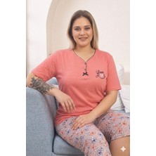 Asel Pijama Büyük Beden Kısa Kol Kapri Yumuşak Tuşeli Likralı Penye Pijama Takımı