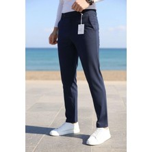 Modamesto Erkek Lacivert Slim Fit Likralı Yan Cep Bilek Boy Düz Kumaş Pantolon