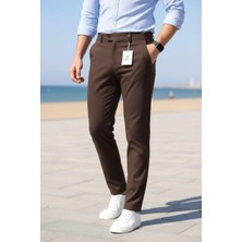Modamesto Erkek Kahverengi Slim Fit Likralı Yan Cep Bilek Boy Düz Kumaş Pantolon