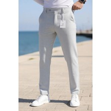 Modamesto Erkek Açık Gri Slim Fit Likralı Yan Cep Bilek Boy Düz Kumaş Pantolon
