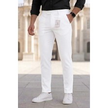 Modamesto Erkek Beyaz Slim Fit Likralı Yan Cep Bilek Boy Düz Kumaş Pantolon