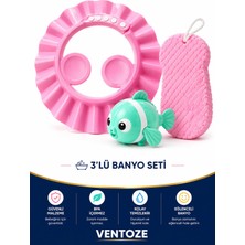 Ventoze Bebek Banyo Seti 3’lü Kulak Korumalı Pembe Şapka + Peeling Sünger + Kurmalı Balık Oyuncak Eğlenceli Banyo Paketi