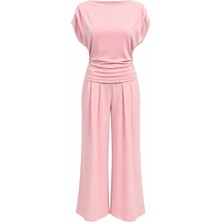 Mixray 2093 Kadın Dökümlü Bluz Geniş Paça Pantolon Ikili Takım Pembe