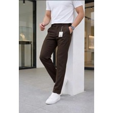Ser Joven Erkek Kahverengi Slim Fit Likralı Yan Cep Bilek Boy Düz Kumaş Pantolon