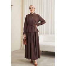 Moda Morfo Önü Şerit Taşlı Bağcıklı Gömlek Etek Ikili Modal Takım  -Kahve