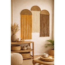 3'lü Bohem Makrome Duvar Dekoru - El Emeği Modern Duvar Aksesuarı - 35X75 cm Hardal-Ekru-Kahve