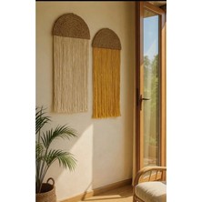 Ikıli Bambu Makrome Duvar Dekorasyonu El Yapımı Bohem Tarz,hediyelik (35 x 75 cm )Ekru-Hardal Sarısı