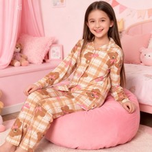 NiCe İç Giyim Kahve Pembe Renk Ekose Ayıcık Desen Gömlek Yaka Düğmeli Milan Kumaş Baharlık Kız Çocuk Pijama Takım
