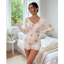 Trend Dokunuş Kadın Ayıcıklı Kalp Desenli Pamuklu Şortlu Gecelik Uzun Kollu Pijama Tulum