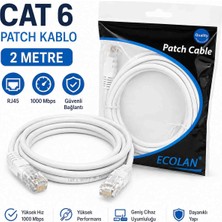 Esmer Bilişim Cat6 Ethernet Kablosu 2 Metre RJ45 Patch Kablo 1000 Mbps Yüksek Hızlı Internet Kablos