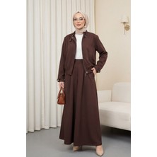 Moda Morfo Yakası ve Kol Manşeti Kemerli Ceketli Pileli Bol Paça Pantolonlu Okyanus Takım -Kahve