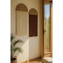MACROMEKİDS Ikıli Bambu Makrome Duvar Dekorasyonu El Yapımı Bohem Tarz,hediyelik (35 x 75 cm )Ekru-Kahverengi