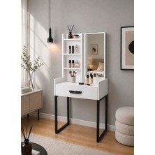 İmoka Dizayn Aura Aynalı Makyaj Masası – 60X31,5X132,6 cm Raflı Organizerli Şık ve Kompakt Modern Tasarım