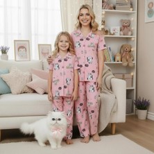 NiCe İç Giyim Anne & Kız Kombin Pembe Renk Şirin Kedili Desen Gömlek Yaka Düğmeli Milan Kumaş Pijama Takım ( Ayrı Satılır)