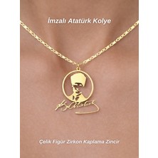 Tuan Collection Atatürk Portreli Atatürk Imzalı Çelik Sembol Zirkon Kaplama Lazer Kesim Kolye Gold