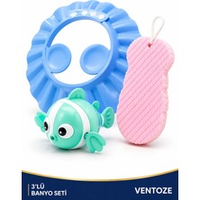 Ventoze Bebek Banyo Seti 3’lü Kulak Korumalı Mavi Şapka + Peeling Sünger + Kurmalı Balık Oyuncak Eğlenceli Banyo Paketi