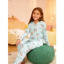 NiCe İç Giyim Turkuaz Çizgili Egzotik Meyve Temalı Gömlek Yaka Milan Kumaş Baharlık Kız Çocuk Pijama Takım