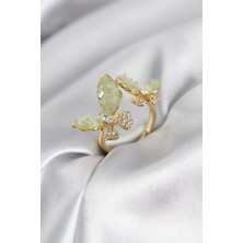 Yıldız Ticaret Mey Ithalat® Gold Renk Su Yeşili Kelebek Model Zirkon Taşlı Kadın Yüzük