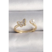 Yıldız Ticaret Mey Ithalat® Pirinç Gold Renk Zirkon Taş Detaylı Beyaz Mineli Kelebek Model Inci Detay Ayarlanabilir Yüzük