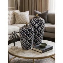 Betonique Stone Lacivert – Beyaz Desenli Altın Kapaklı Dekoratif Küp Seti