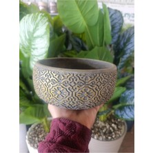 19 cm El Yapımı Beton Saksı - Altın Eskitme Desenli Dekoratif Modern Çiçeklik - Büyük Boy Lüks Saksı