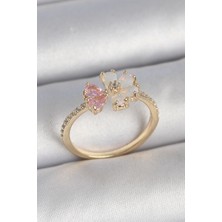 Yıldız Ticaret Mey Ithalat® Pirinç Gold Renk Beyaz Mineli Pembe Zirkon Taşlı Çiçek Model Kadın Yüzük