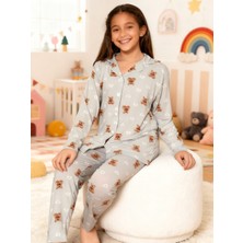 NiCe İç Giyim Gri Renk Ayıcık Desen Gömlek Yaka Düğmeli Milan Kumaş Baharlık Kız Çocuk Pijama Takım