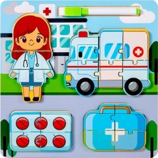 Özbience 3D Ahşap Meslek Puzzle Seti, Yazı Tahtası ve Kalemli, Eğitici Oyun
