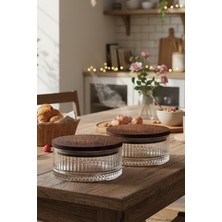 Özbience Cam Kase Çerezlik Kahvaltılık Şekerlik Ahşap Kapaklı 510 ml (2’li Set)