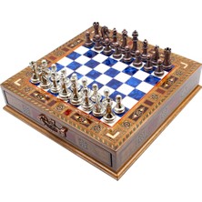 Özbience El Işi Mavi Ahşap Satranç Takımı, Çekmeceli, Klasik Metal Taşlar