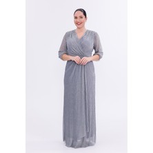Bdm Exclusive Simli Şifon Kruvaze Taş-Inci Çakmalı Truvakar Kol Büyük Beden Abiye