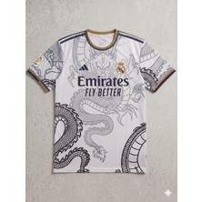 Andream Real Madrid Özel Tasarım Dragon Desenli Yetişkin Unisex Futbol Forması Beyaz