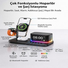 Fırsattan Samsung Uyumlu 6’sı 1 Arada Manyetik Kablosuz Şarj Istasyonu Qi2 25W Hızlı Şarj Bluetooth Hoparlör Alarm Saat Gece Lambası