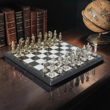 Özbience Şık Metal Satranç Takımı, Osmanlı ve Bizans Figürleri, Gold Krom, Siyah Mermer, 20X20, Premium Dekor