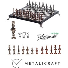 Özbience El Yapımı Antik Mısır Temalı Metal Satranç Takımı, Mermer Desenli 25CM Tahta