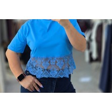 İnci Ersöz Tişört Crop Dantelli Mavi 2207