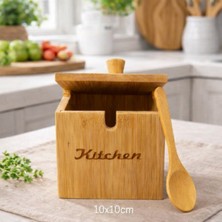 Özbience Bambu Kare Şekerlik ve Tuzluk Çok Amaçlı Mutfak Saklama Kutusu ve Kaşık Seti