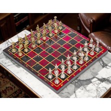 Özbience Alev Kırmızı Mermer Desenli Metal Satranç Takımı, Roma Temalı, 20 cm