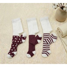 Cocole Socks Kız Bebek Külotlu Çorabı 3'lü Set Pamuklu Bordo Karışık Desenli Yenidoğan 0-1 Yaş
