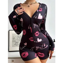 Shocks Siyah Dudak Baskılı Pijama Tulumu