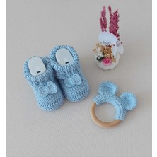 PremiumPort Organik Pamuk Bebek Patik ve Diş Kaşıyıcı Mavi Ikili Takım