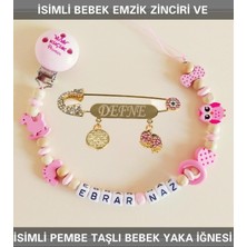 PremiumPort Isimli Bebek Emzik Zinciri ve Mavi Taşlı Bebek Yaka Iğnesi Seti