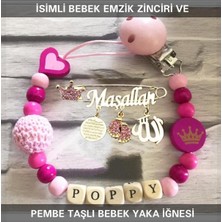 PremiumPort Isimli Bebek Emzik Zinciri ve Pembe Taşlı Bebek Yaka Iğnesi Seti