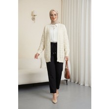 Moda Morfo Desenli Araboy Örme Triko Hırka -Krem