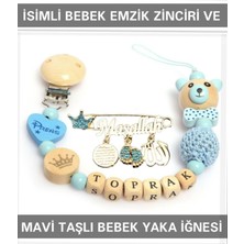 PremiumPort Bebek Emzik Zinciri ve Mavi Taşlı Bebek Yaka Iğnesi Seti