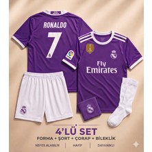 Andream  Real Madrid Ronaldo 7 2017/18 Sezon Mor Çocuk Futbol Forması Forma Şort Çorap Bileklik 4 Parça
