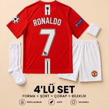 Andream Manchester United Ronaldo 7 Çocuk Futbol Forması Forma Şort Çorap Bileklik 4 Parça Kırmızı