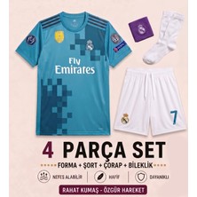 Andream  Real Madrid Ronaldo 7 Turkuaz Çocuk Futbol Forması Forma Şort Çorap Bileklik 4 Parça